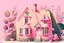 Placeholder: House illustration, realistic, detailed, illustrative, childrenbook style, pink house, cute plants