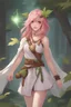 Placeholder: Girl, 20 years old, Druid, Magic, Leaf dress, pink hair, plain background, D&D, (((Scar on left cheek))), corruption on face