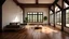 Placeholder: Generate a detailed description of an empty apartment with a serene ambiance. Picture a space with polished wooden floors, pristine white walls, and exposed wooden beams beneath a high, sloping roof. The room is filled with natural light streaming in through a side window, casting warm and gentle rays across the room. Capture the stillness and simplicity of the scene, highlighting the potential for personalization and imagining the quiet moments that might unfold in this tranquil space