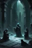Placeholder: Necromancer cult praying Infront of a dark monolith,dark energy seeping from the walls,catacomb setting