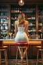 Placeholder: a chic and stylish fashionable lady sitting on tall barstools at a vintage bar, viewed from the back. On the counter in front of she stands a cocktail, pale lights. The bar backdrop features rows of bottles and glasses on shelves and in vitrines. high detalied, high realistic, professional photo