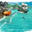 Placeholder: Two pirate ships fight each other at sea. Firing cannons. One ship is hit and burns after being hit.