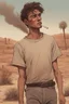 Placeholder: A wounded 25-year-old boy in a men's sports tee is walking in the desert with his head down, smoking a cigarette, and a scene of destruction is unfolding behind him