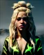 Placeholder: portrait, Shakira, blonde artist, angry, Realistic image, MMA robe, hoodie, mma gloves, fight pose, make-up make-up, gold line make-up, sweat, fog, goddess style, Neon colors, leds. Black background, photo studio, concept art, smooth, unreal engine 5, god lights, ray tracing, RTX, lumen lighting, ultra detail, volumetric lighting, 3d, finely drawn, high definition, 4k.