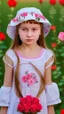 Placeholder: A little girl from Russia at the age of 7 years holds a lot of roses and puts them on her face, and she wears a white Bucket Hat, she puts the roses in front of her face, so her face does not appear, so her face does not appear,(Many Flowers: 1.2), Soft Light, Golden Hour, Upper Body, HDR, 8k, Natural Skin Texture, AO, Intricate, Highly Detailed, Sharp Focus, Crazy Detail, Intricate Detail, Highly Detailed ,The girl looked down