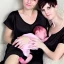 Placeholder: Russian tomboy boyish boylike short man's haircut boyish features in black girlish nightgown mommy in sleeproom with newborn baby