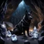 Placeholder: Hyper Realistic big black German-shepherd guarding silver crystals with fireflies in a cave at night