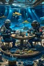 Placeholder: 2 divers in full gear sitting at a round table having tea, the table is on the bottom of the in the dried out sea, around them are shattered dead fish, dead starfish, ship reck, 8 k realistic