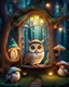 Placeholder: Enchanted mystical forest scene, animals in whimsical houses, magical glowing lights, owl peeking from tree window, mouse wearing mushroom hat, cozy atmosphere, high quality, fantasy, whimsical, mystical, glowing lights, woodland creatures, magical ambiance, detailed textures, warm and soft lighting