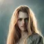 Placeholder: Female, long blond hair, make up, high lights, rusted, diffuse lighting,polished, intricate,highly detailed, illustration, clouds, foggy scene bordered with leaves