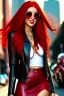 Placeholder: pretty young girl, red long haired, nice smile, sunglasses, headphones, nice body, big bubs and nice legs, little leather jacket, skirt and boots rocker fashion