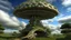 Placeholder: A huge, fantastical mushroom-like structure with intricate, organic shapes and textures, rising from a lush, forested landscape against a spectacular sky.