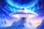 Placeholder: white spaceship ufo with light in the below. the landscape is a fairy colourfull forest with snow sweety mountains. the sky is blu with stars and brightness beam