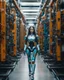 Placeholder: potrait photography cinematography colors a beautiful woman long hair humanoid robot walking in between two rows of complex machinery with vibrant colors