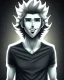 Placeholder: A skinny and relatively tall guy with wild curly blond hair, smiling with teeth and wearing black skinny jeans and a t-shirt. anime style