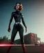 Placeholder: retro sci-fi portrait image from 1960, supermarket parking explosion, fire, classic black widow, young Scarlett Johansson, classic black tight lycra latex suit, retro superhero style, soft color, highly detailed, unreal engine 5, ray tracing, RTX, lumen lighting, ultra detail, volumetric lighting, 3d, finely drawn, high definition, high resolution.