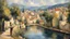 Placeholder: Style Cézanne, calm beauty, sunlight, French village with river, peaceful, beautiful composition, exquisite detail