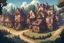 Placeholder: a small village with a few houses and a big mansion on top in the style of an old point and click adventure game