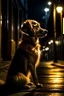 Placeholder: perro de palo con capa dorada en la noche en una ciudad tenebrosa con luz tenue