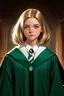 Placeholder: 16 year old white woman with shoulder length dirty blonde hair and green eyes in Slytherin house robes