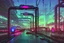 Placeholder: Cyberpunk city rail station, black steel neon skies with red, blue, purple, and green, vines and flowers, dark outside