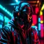 Placeholder: A man wearing masked with headphones, cyberpunk, neon light, hd