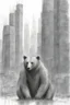 Placeholder: A humanoid bear in the city against the background of high-rise towers, 2500 A.D., black pencil, sketch, Dmitry Kustanovich