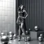 Placeholder: a beautiful black and white art picture of fashion model lady in modern clothing posing with cute and with high heels,midy skirt, pretty stage made of metallic blue-gray teme 3d recursive cubic and sphere base structures and the scene is in color,makeup curvy long hair.