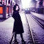 Placeholder: A beautiful slender Asian prostitute with short black hair and a black trench coat, waiting for a man at night at a train station in London