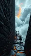 Placeholder: Fire under narrow black stone path above the ground gradually getting higher into the clouds no railings, dangerous drop people in black leathers medievil period weather is wet spiraling into the clouds fantasy,