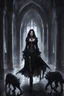 Placeholder: Beautiful gothic woman walking at darkness palace follow behind surrounding werewolves