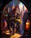 Placeholder: medieval fantasy cobblestone town with stained glass window buildings fairytale rpg art