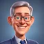 Placeholder: a portrait of smiling wise western man. 40 years old. caricature. gray short hair. light skin. blue eye pupils. elips eyeglasses, thin silver frame. oblong face shape. wear navy blue formal dress. pixar style. 3D. 4k. portrait. highly detailed. sharp focus. high resolution. full color. cinema lighting. with food background