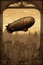 Placeholder: A steampunk zeppelin hovering over a cityscape as seen from an art deco window