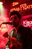 Placeholder: An spanish Guy with big eyes "Enrique" performing at dance club, his name is "Enrique" Red roses On stage, red Neon lights and smog, and "Din KEBAB I NATT" big sign on the wall, serenade under balcony, ZORRO vibes