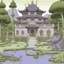 Placeholder: A light purple Eastern palace with a Zen garden and a draconic chameleon painted by John Brack