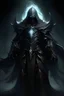 Placeholder: Dark fantasy knight with pale skin and glowing eyes in black armor with a billowing spectral cloak
