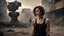 Placeholder: ducking beautiful slender caucasian female technician with a knife, looking away from camera, black tank top, well toned muscles, weathered face, scratched sand camo metal details, short brunette wavy bob haircut, dystopian, postapocalyptic city scene with smoke and explosions. giant robot in the background