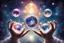 Placeholder: kundalini, connected to the universe, few colours of galaxy, holding galaxies in few hands in glass balls