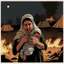 Placeholder: A Palestinian woman wearing the Palestinian dress carries her dead son as she screams and cries at night, with explosions in refugee tents behind her.