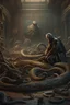 Placeholder: Bosch nightmares paint inf style Title: "snake attack, insanely detailed octane render trending on artstation, 8k artistic photography, photorealistic concept art, soft natural volumetric cinematic perfect light, chiaroscuro, award-winning photograph, masterpiece, oil on canvas, Raphael, Caravaggio, Greg Rutkowski, people, beksinski, Giger