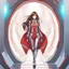 Placeholder: A confident woman with long brown hair and red eyes, stepping out of a portal wearing futuristic clothes, colored manga style, intricately detailed