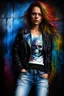 Placeholder: facial body Portrait - digital photograph, chiaroscuro, extremely colorful, vibrant, lifelike, 20th century masterpiece, rich deep colors, highly detailed portrait, beautiful, extremely gorgeous Milly Alcock wearing a black leather biker's jacket, a black "Iron Maiden" T-shirt, Blue Jeans, black Converse sneakers, absolute reality