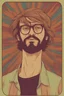 Placeholder: Hippie young man with strange face with aspect of cat in his 40s with Parisian bohemian look and glasses of colours and poor and short short hair on the head with receding hairline. Farsightedness glasses with big eyes. Long beard. Vintage look and feel like photos of the 70s