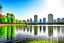 Placeholder: Sunny day, distant modern city, lake, lake reflections, people