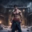 Placeholder: Hyper Realistic handsome muscular Aladdin standing bravely outside massive-dark-abandoned-factory-with-broken-windows-&-fancy-main-gate at dark snowfall night with dramatic & cinematic ambiance