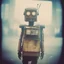 Placeholder: steampunk, vintage analog polaroid of a woman robot, female body, fog, lomography, heavy film grain, night, color bleed, depth of field, bokeh, retro, saggy granny woman, abandoned sci-fi town, future, sci-fi