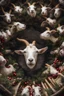 Placeholder: Christmas tree but with goat heads as decorations, the perspective looking up from the bottom of an empty well ,8k,macro photography,