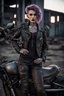 Placeholder: tattooed vampire girl showing fangs with short cropped curly cyberpunk hair in motorcycle leathers in an abandoned steel refinery at dusk