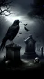 Placeholder: Art, fantasy,dark,scary, gathering,Gothic cemetery , a crow on a grave